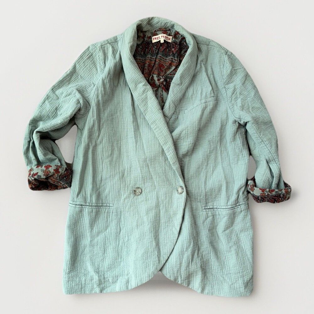 Free People Rowan Blazer XS Mint Green Crinkle Cotton Shawl Collar Oversized